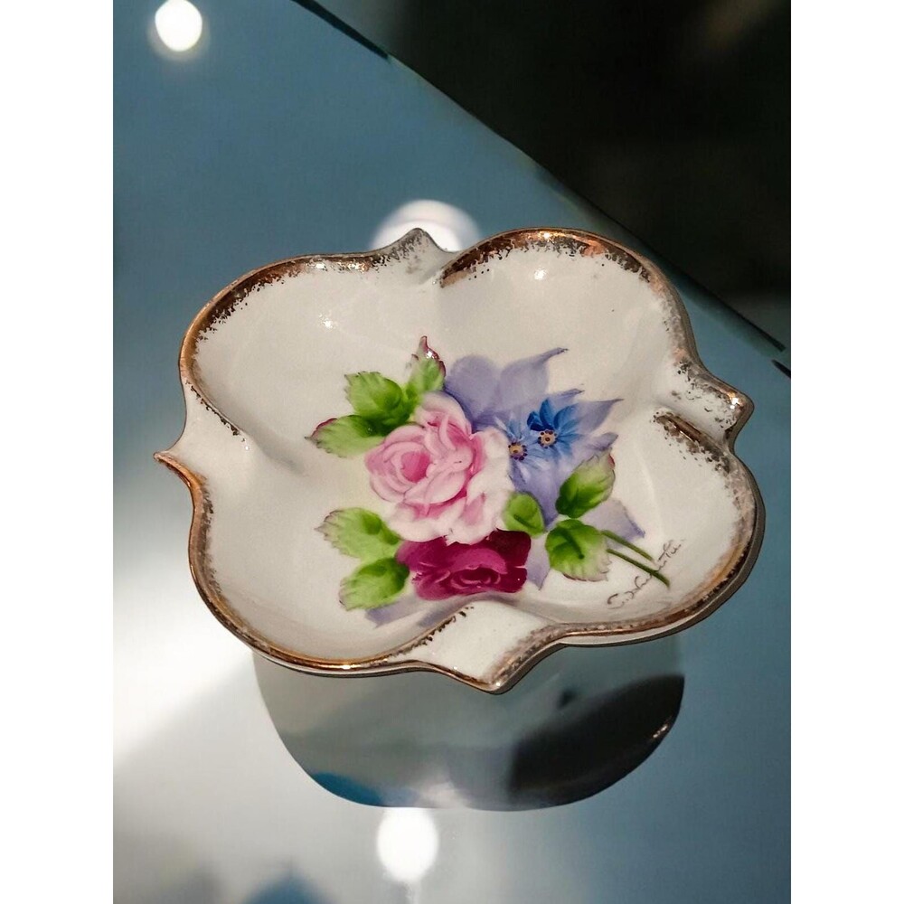 Vintage Hand-Painted Porcelain Floral Trinket Dish with Gold Trim